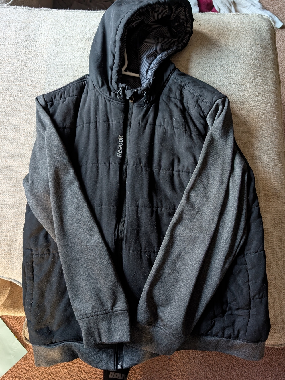 Reebok Men's Black Quilted Hooded Jacket with Gray Knit Sleeves